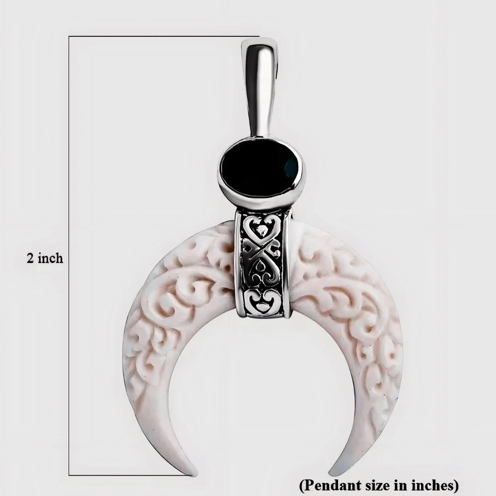 Hand Carved Bone Crescent Moon Sterling Silver Natural Chrome Diopside Pendant